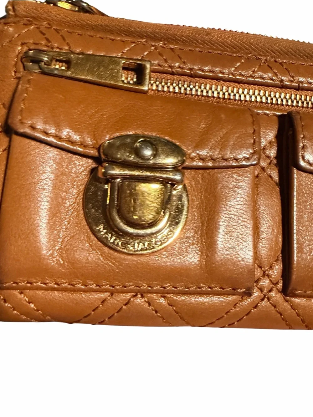 Marc Jacobs Quilted Leather Wallet in Vibrant Orangish Tan with Gold Hardware